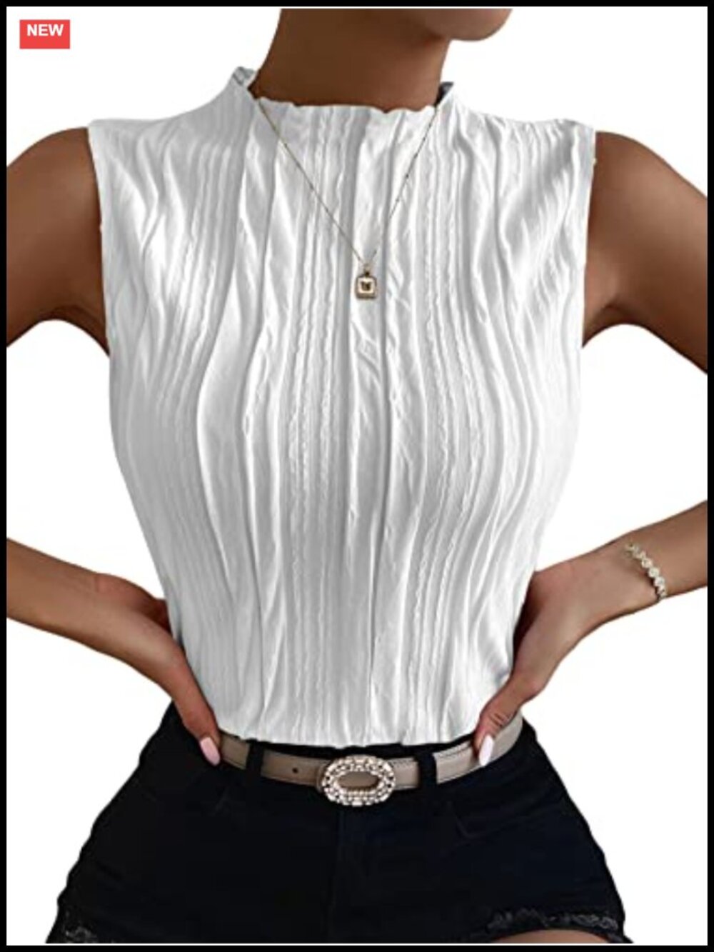 Mock Neck Textured Sleeveless Tank Top Business Casual Office Outfit